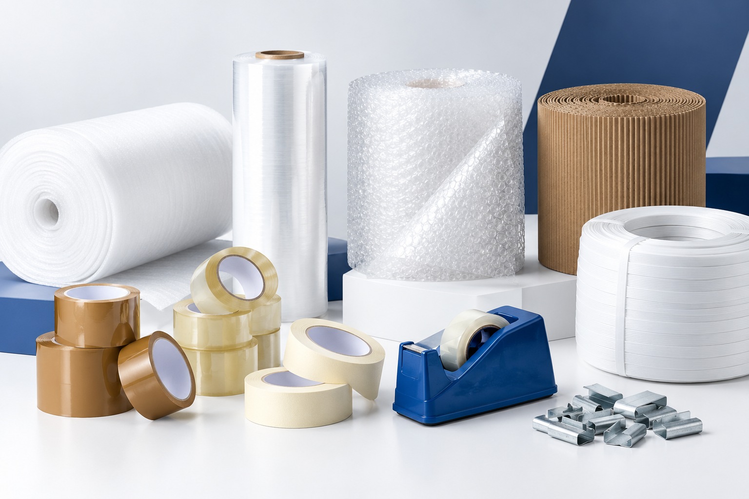 Assortment of packaging tape rolls and packaging materials